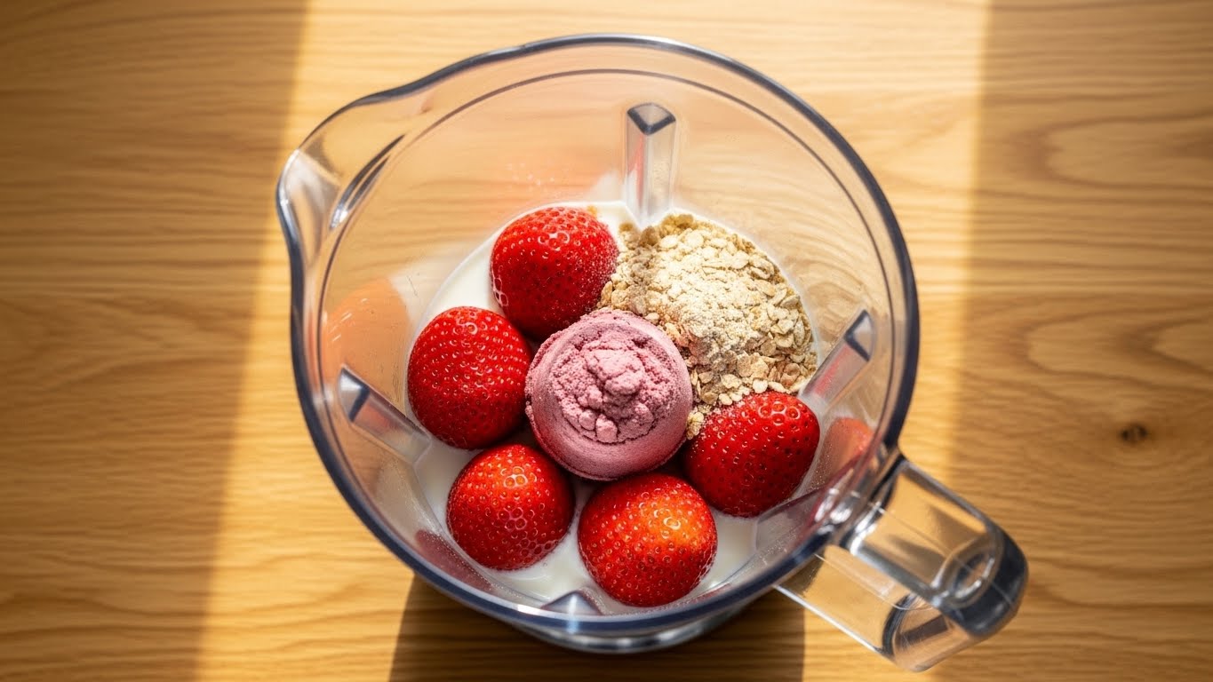 Ingredientes d o shake protéico de morango no liquidificador