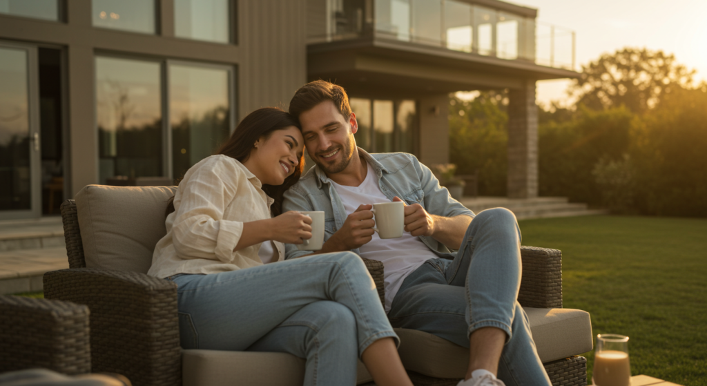 Casal satisfeito após o almoço