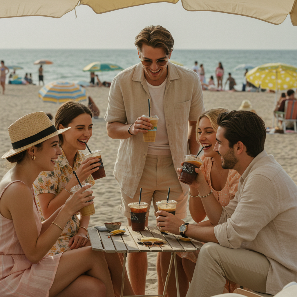 Jovens bebendo café na praia