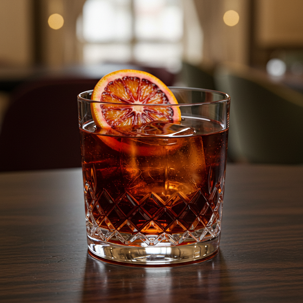 Negroni sem álcool com cubo de gelo grande