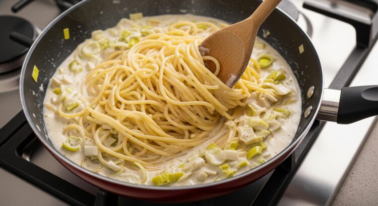 Adicionando macarrão ao creme de alho poró