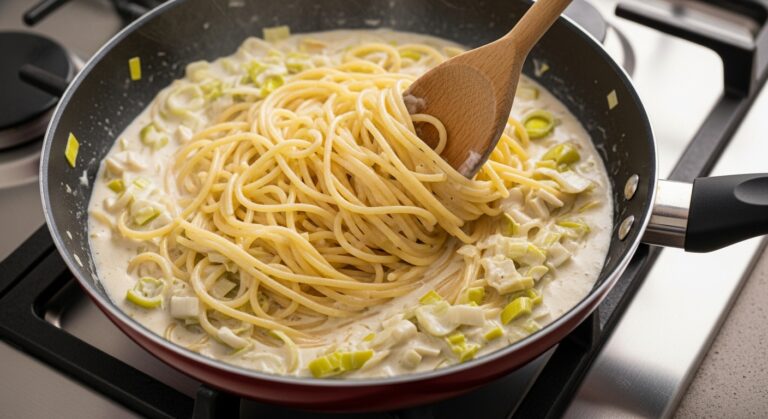 Adicionando macarrão ao creme de alho poró