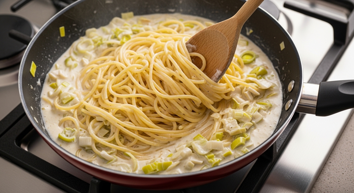 Adicionando macarrão ao creme de alho poró
