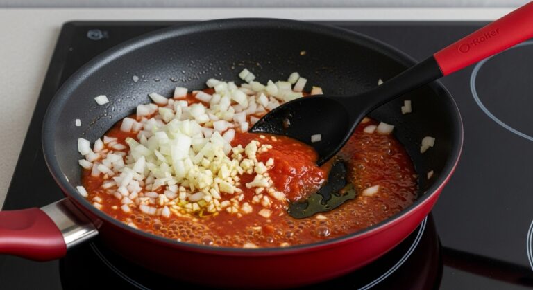 Adicionando molho ao alho e cebola na frigideira