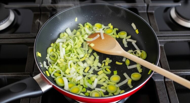 Fritando alho poró para o macarrão