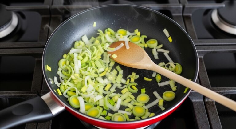 Fritando alho poró para o macarrão