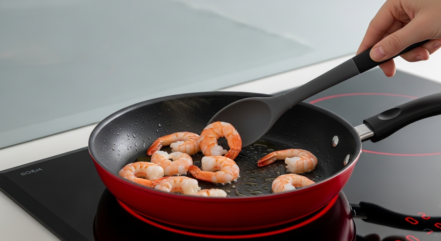 Fritando camarão para servir com camarão