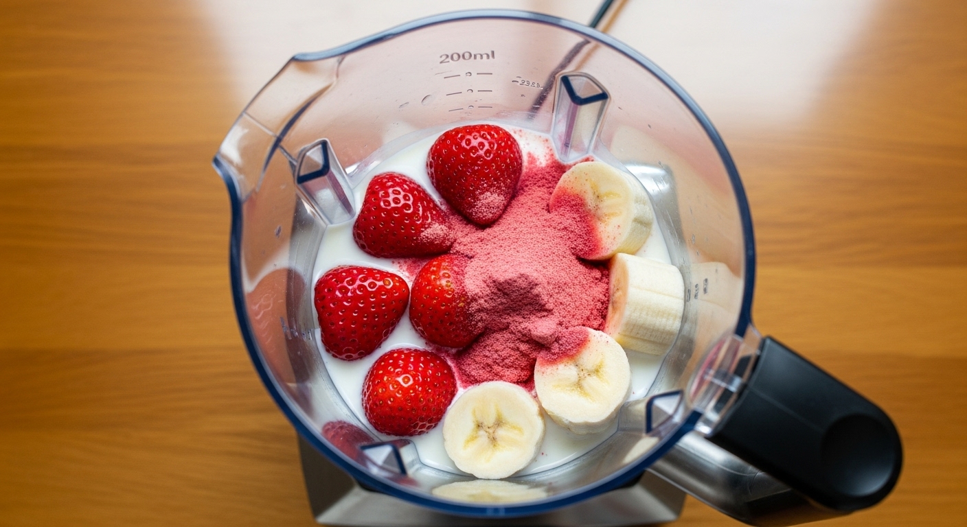 Ingredientes da vitamina de morango com whey no liquificador Ingredientes da vitamina de morango com whey no liquificador