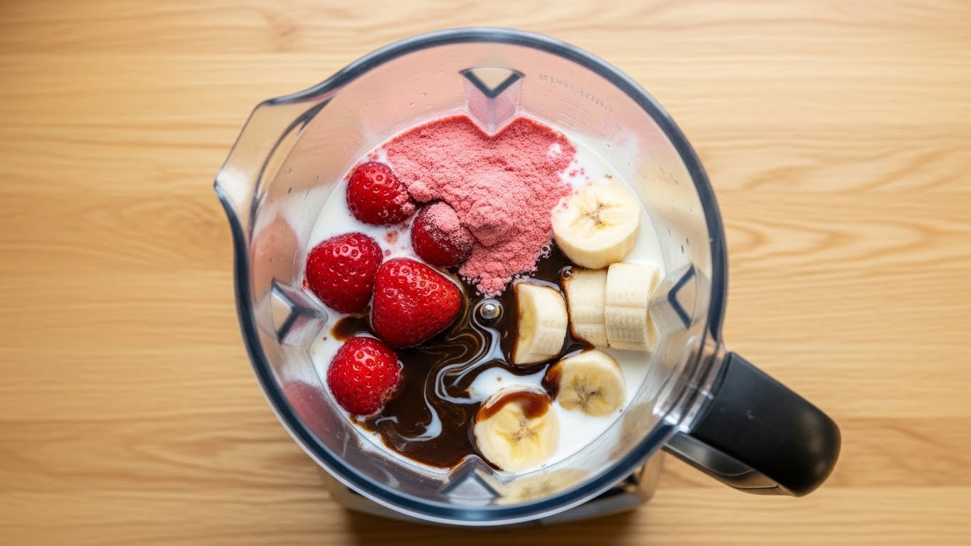 Ingredientes do shake de morango com café no liquidificador Ingredientes do shake de morango com café no liquidificador