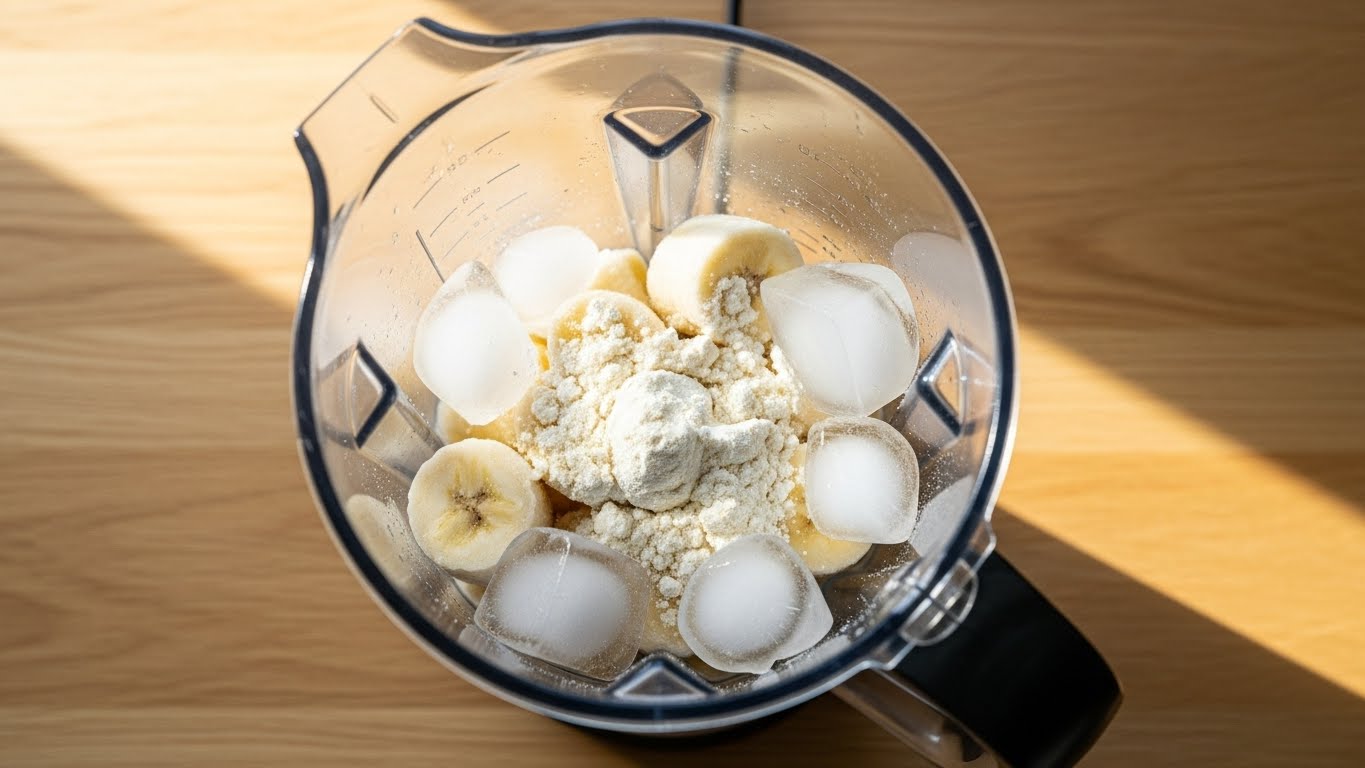 Ingredientes do shake no liquidificador