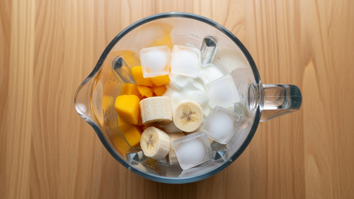 Ingredientes do smothie de manga no liquidificador