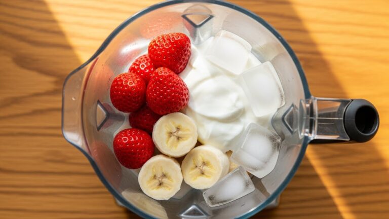 Ingredientes do smothie de morango no liquidificador