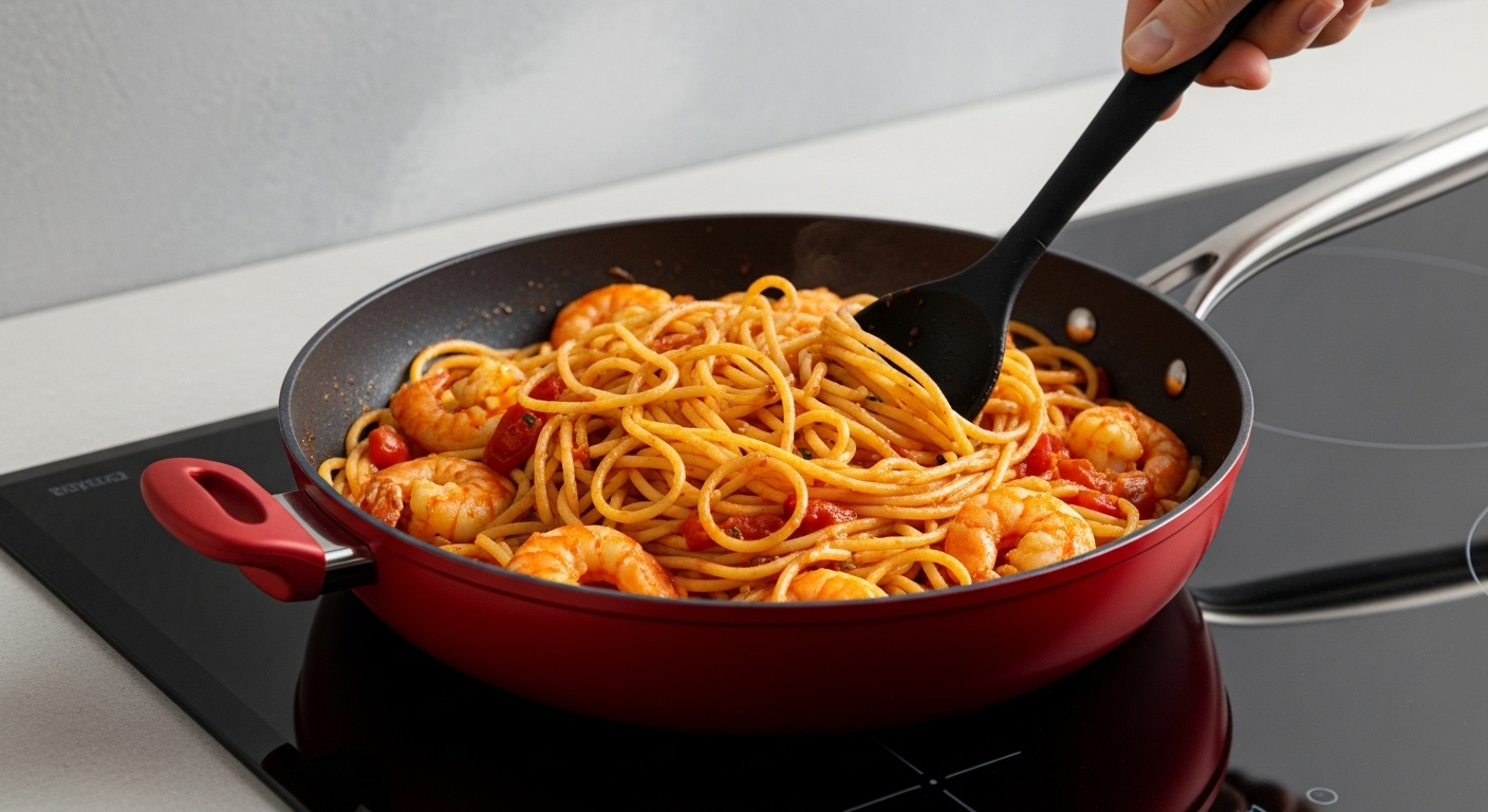 Macarrão com camarão na frigideira