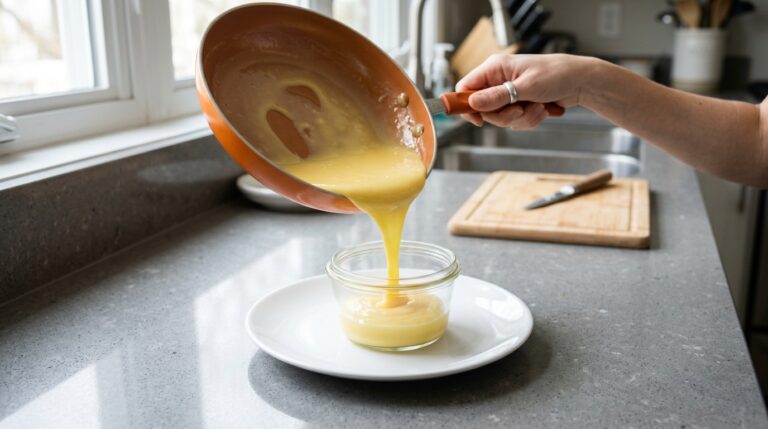 Despejando a calda em um recipiente para esfriar