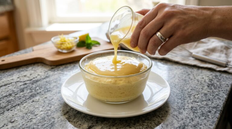 Despejando a calda por cima da mousse de maracuja