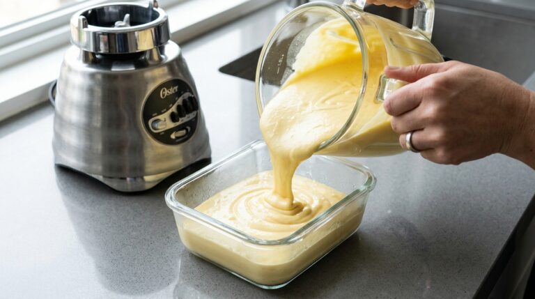 Despejando mousse de maracujá fit em um recipiente