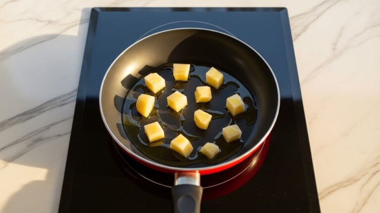 Esquentando as batatas do omelete