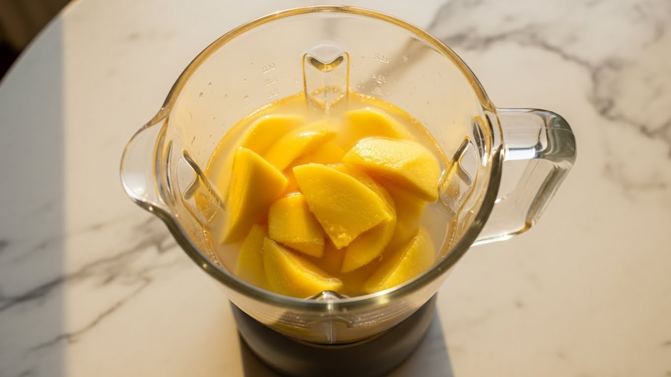 Ingredientes do suco de manga no liquidificador Ingredientes do suco de manga no liquidificador