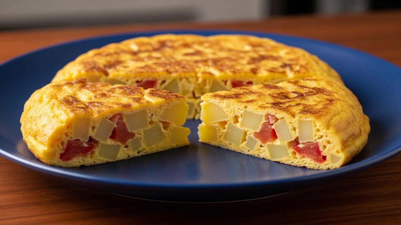 Servindo o omelete com batata Servindo o omelete com batata