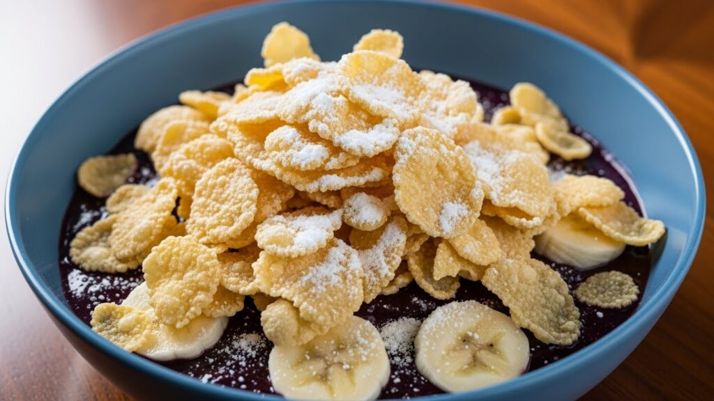 Sucrilhos com açaí banana e leite em pó