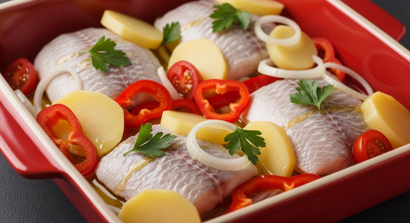 Peixe a portuguesa na assadeira Peixe a portuguesa na assadeira