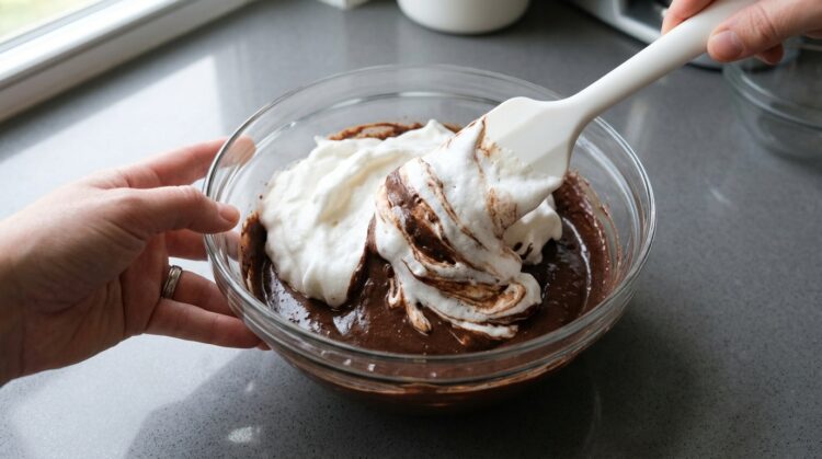 Adicinando as claras de ovos batidas a mousse de chocolate