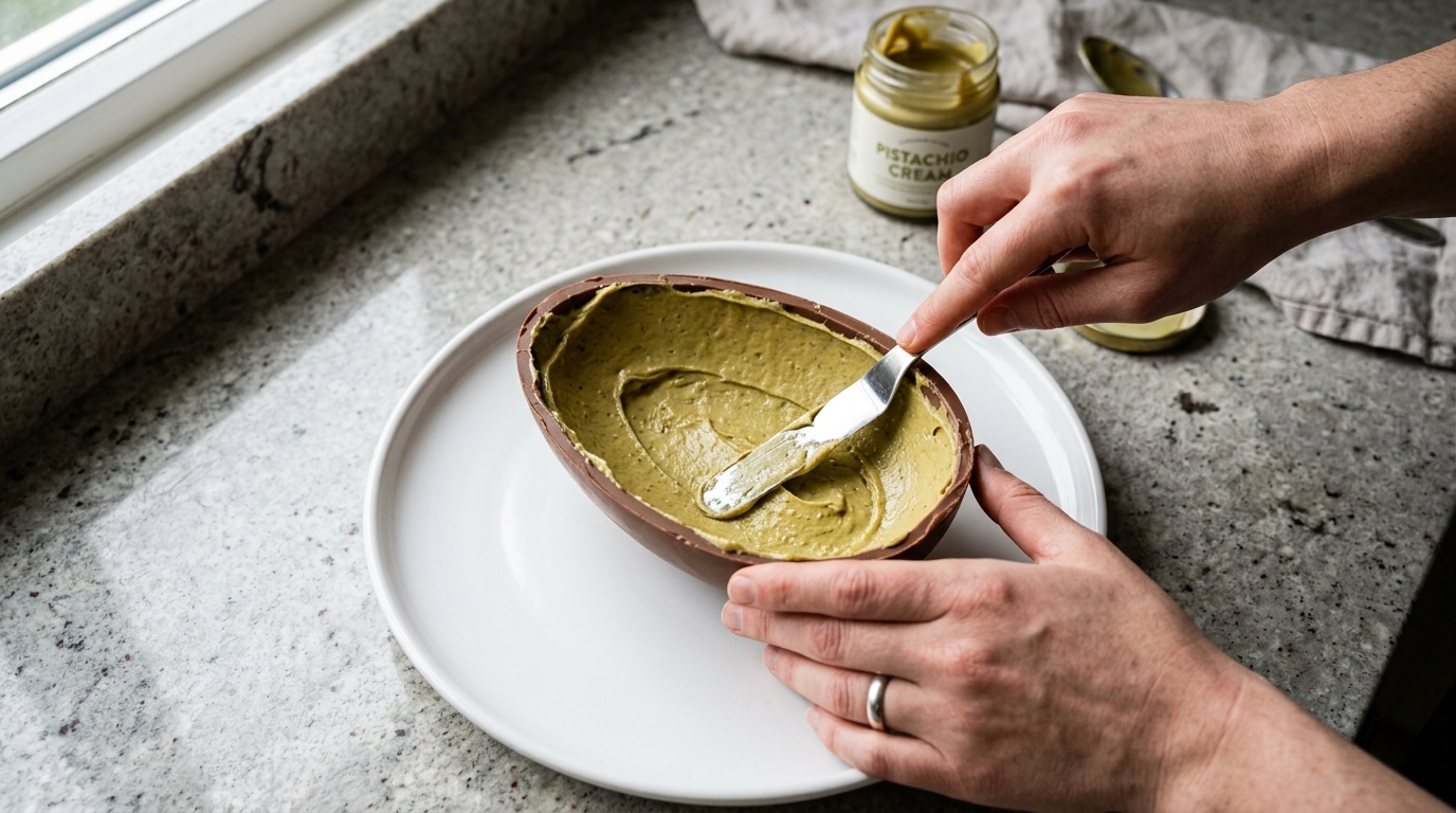 Adicionando creme de pistache no ovo de chocolate Adicionando creme de pistache no ovo de chocolate