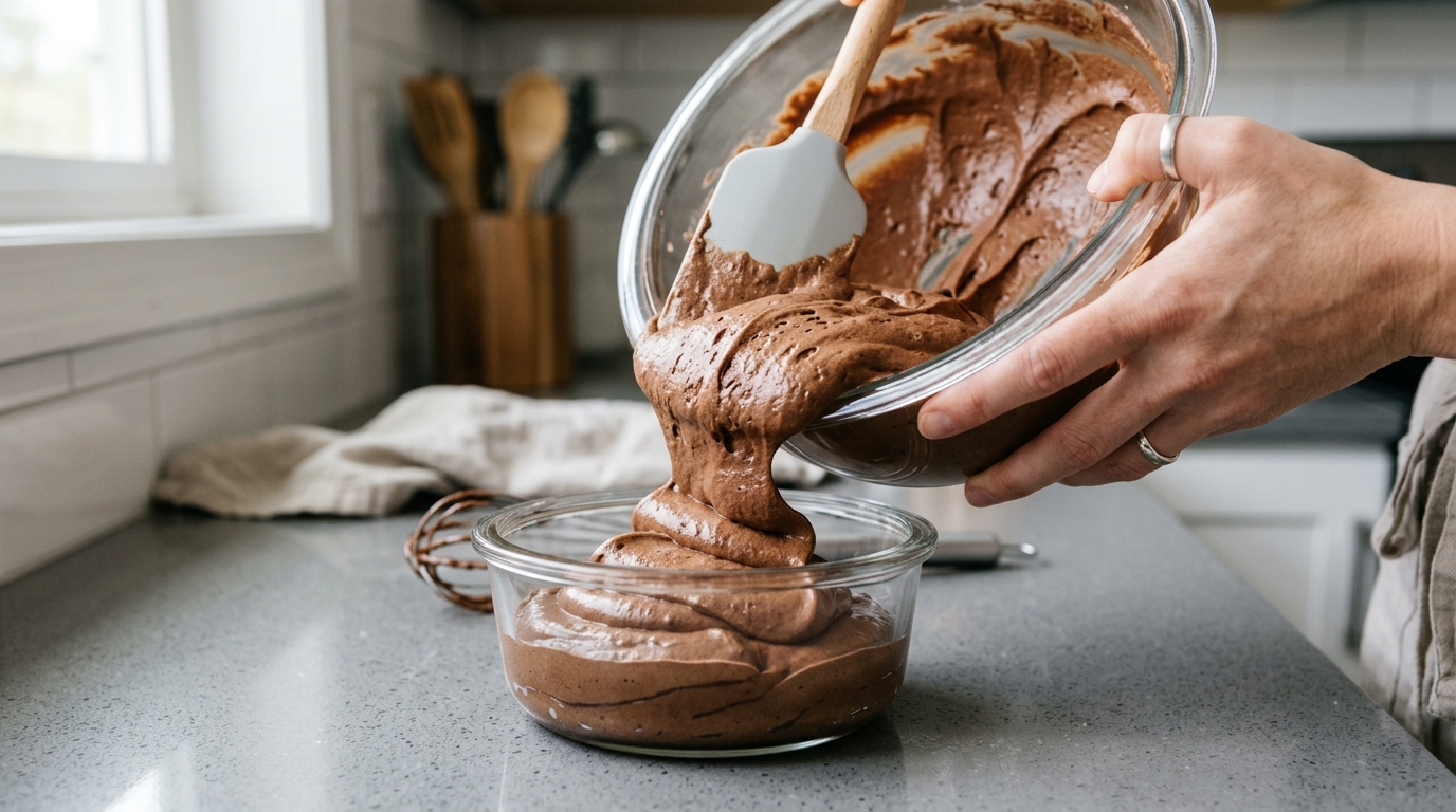 Adicionando mousse em um recipiente para ir a geladeira Adicionando mousse em um recipiente para ir a geladeira
