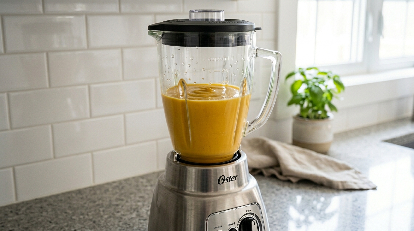 Batendo no liquidificador os ingredientes do bolo de cenoura