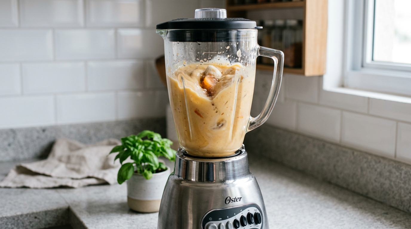 Batendo os ingredientes do sorvete de Caqui no liquidificador