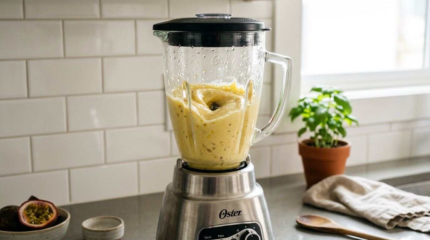 Bater ingredientes da mousse de maracujá no liquidificador Bater ingredientes da mousse de maracujá no liquidificador