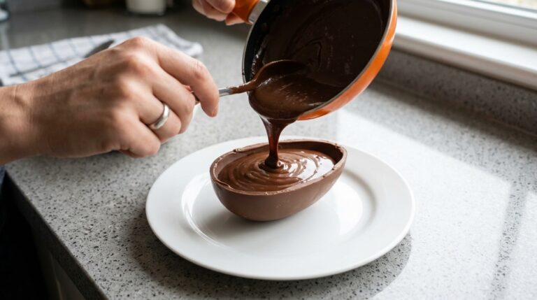 Despejando recheio de whey no ovo de páscoa