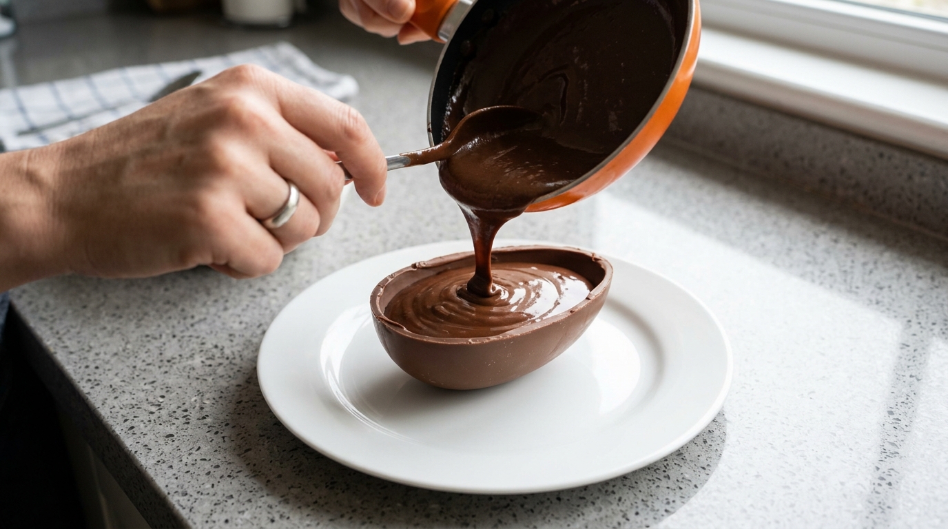 Despejando recheio de whey no ovo de páscoa