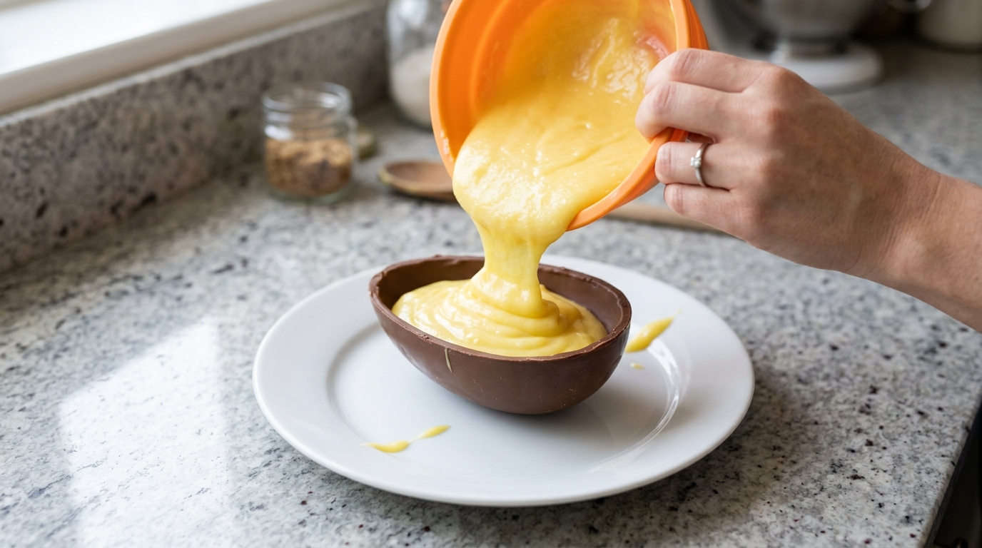 Despejar mousse de maracujá no ovo de chocolate Despejar mousse de maracujá no ovo de chocolate