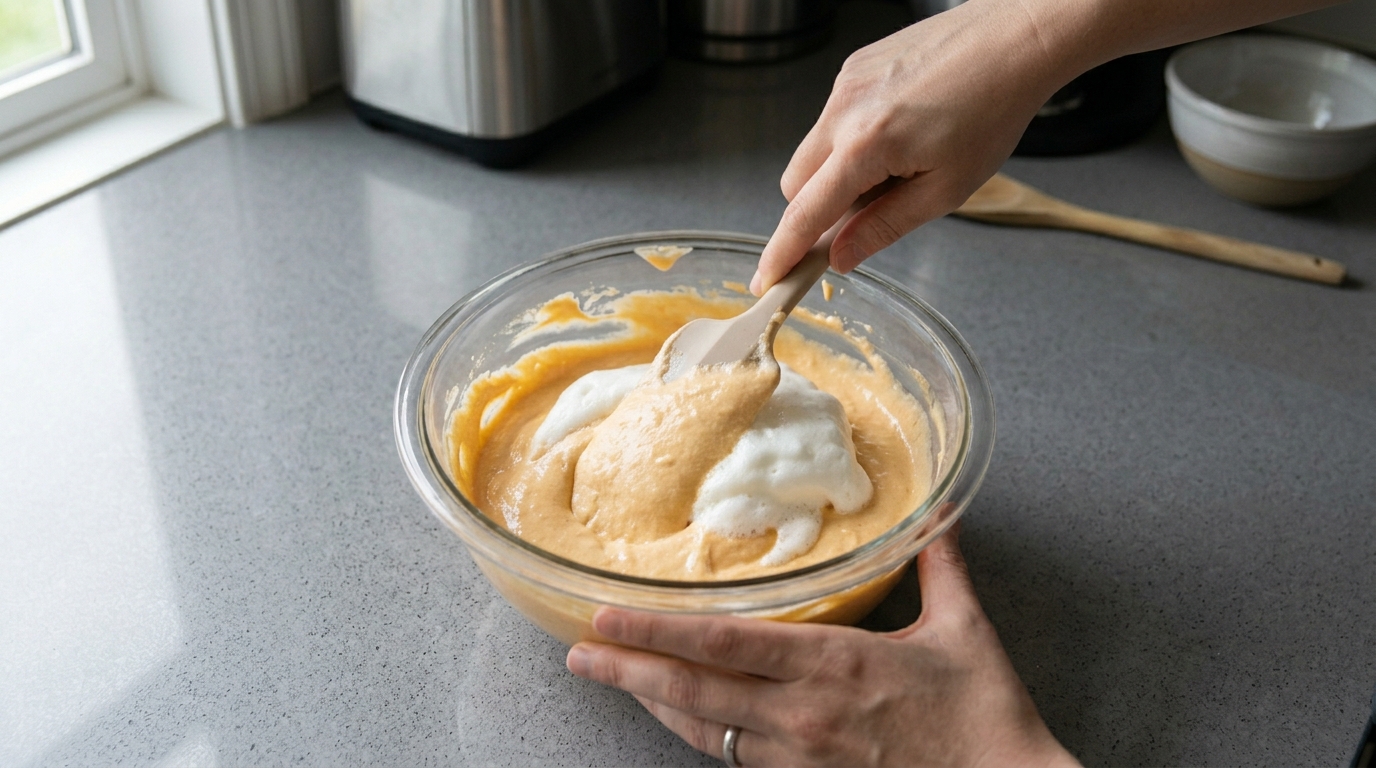 Incorporando clara em neve ao creme de Caqui