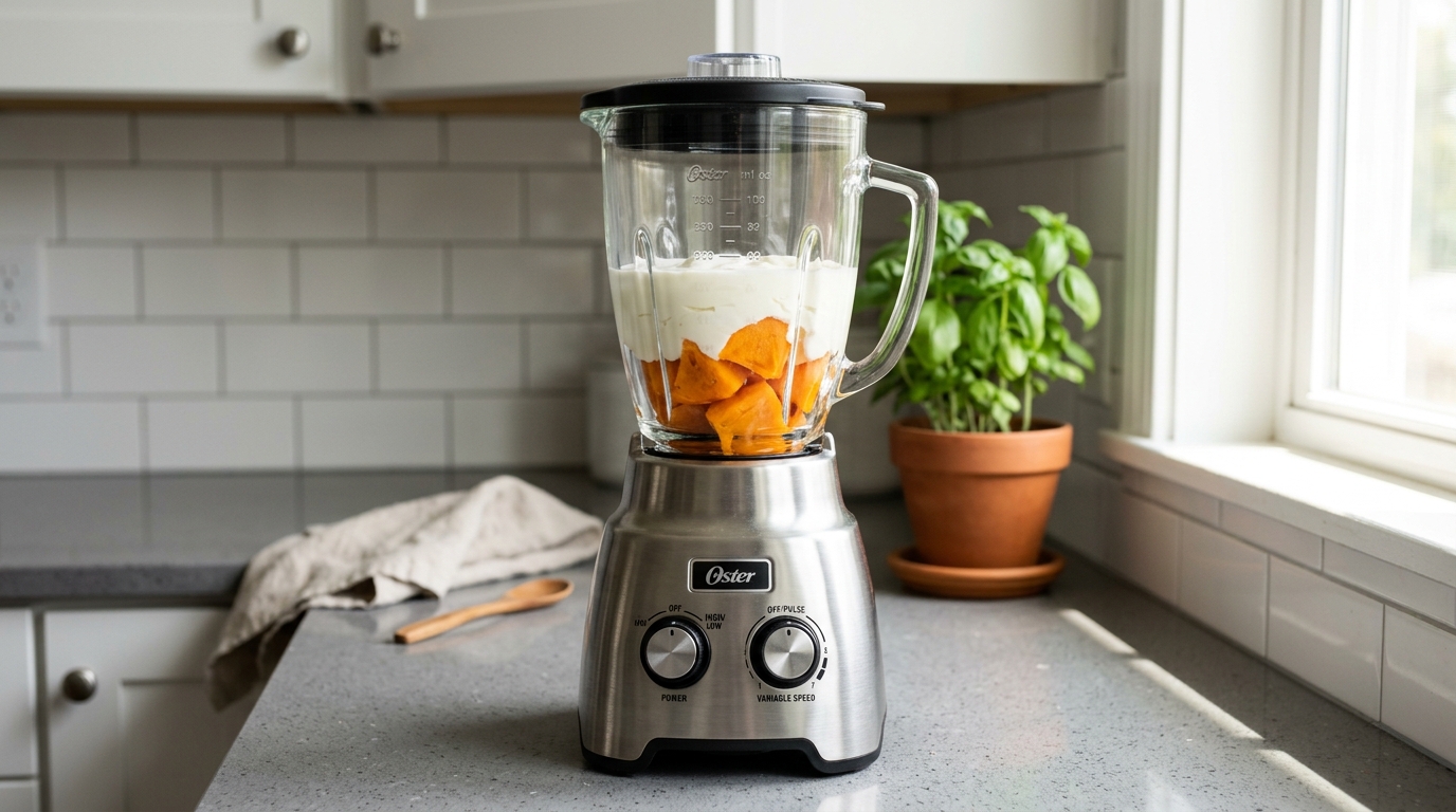 Ingredientes da mousse de Caqui no liquidificador