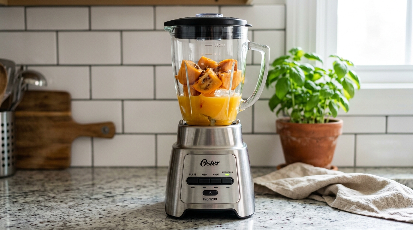 Ingredientes do Suco de Laranja com Caqui no Liquidificador