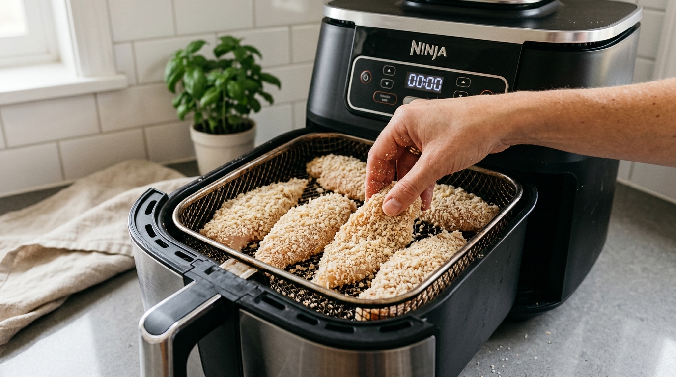 Levando os filés de frango para assar