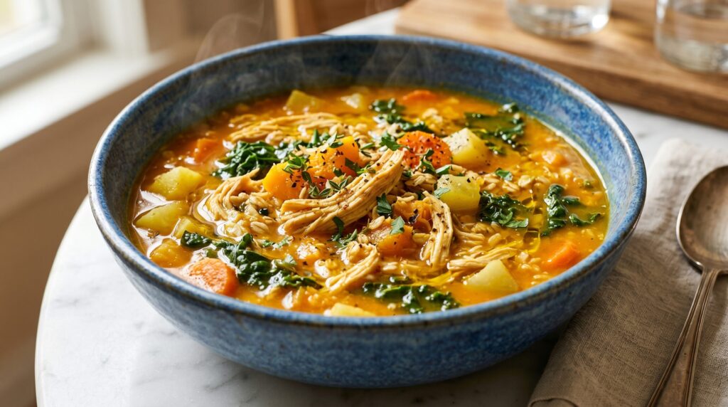 Caldo proteico de frango com legumes