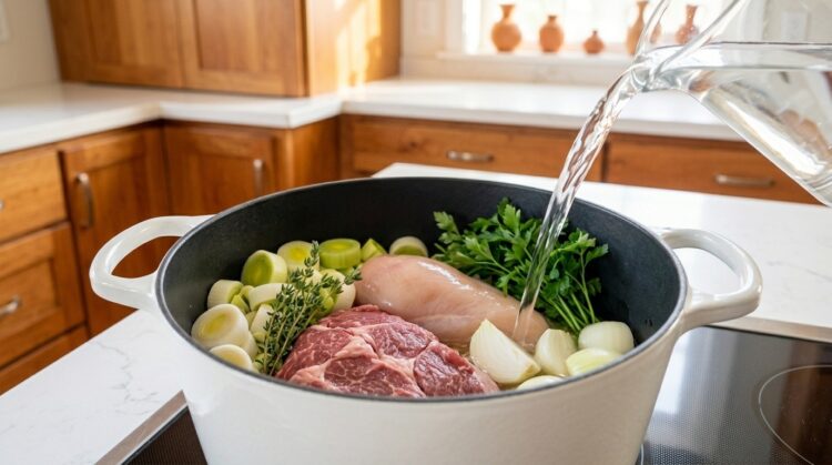 Passo 1 - Colocar as carnes, vegetais, cevada e água na panela