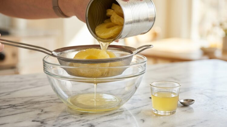 Passo 1 - Escorra o ananás da lata, reservando 2 a 3 colheres de sopa da calda. Reserve também alguns pedaços para decorar, se desejar.