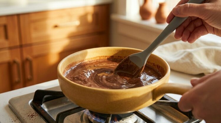 Passo 3 - Levar o chocolate quente ao fogo baixo, mexendo sem parar
