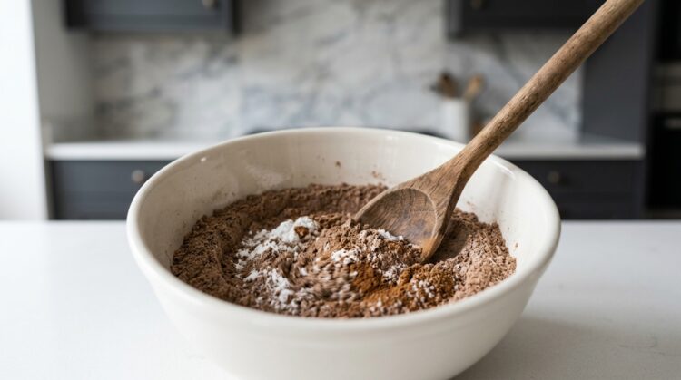 Passo 4 - Em outro recipiente, combine a farinha de espelta integral, o fermento, a canela, a noz-moscada e a pitada de sal. Mexa para distribuir os ingredientes de forma homogênea.