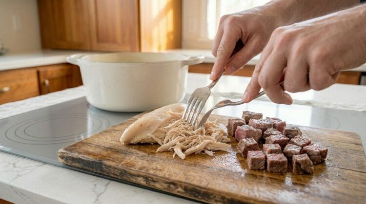 Passo 4 - Retirar as carnes para desfiar o frango e picar a carne