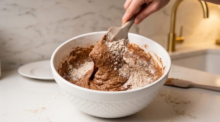 Passo 5 - Adicione os ingredientes secos à mistura líquida e mexa apenas o suficiente para incorporar. Evite bater em excesso para manter a massa mais leve.
