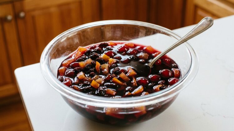 Passo 4 Misturar as frutas cristalizadas, uvas-passas e o vinho