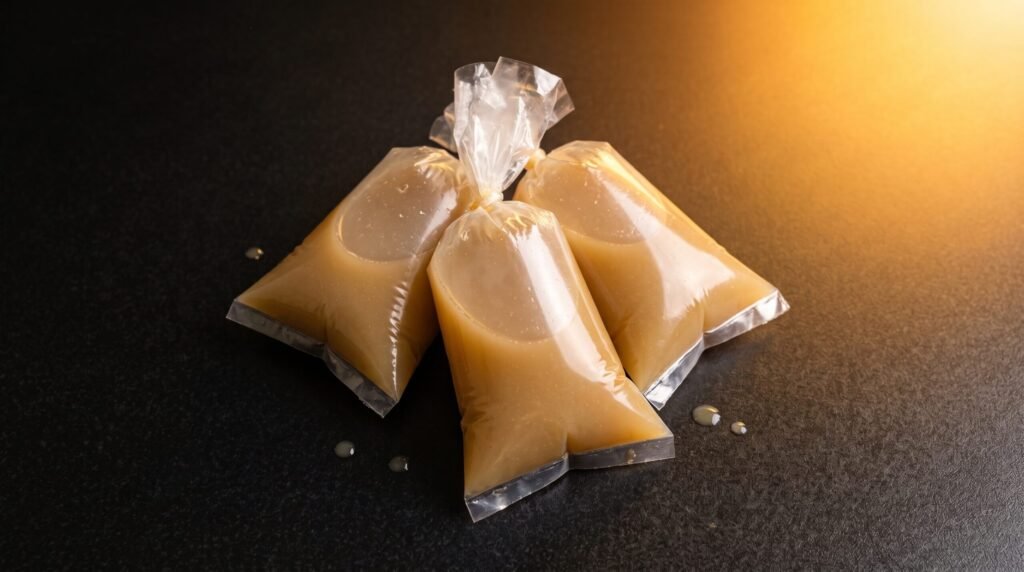 com carne (dieta líquida pós bariátrica) em saquinhos para congelar