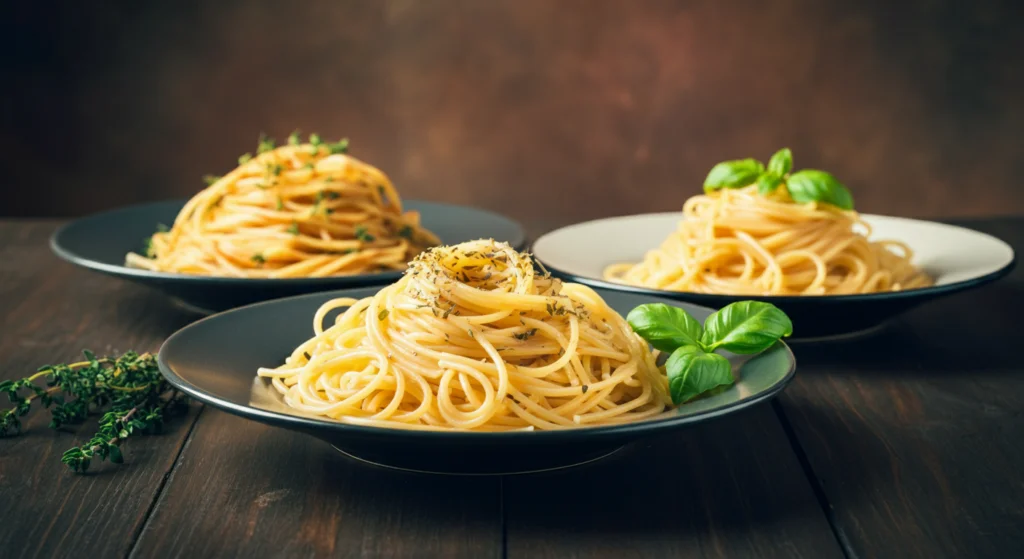 3 pratos com macarrão, um com tomiho, orégano e manjericão