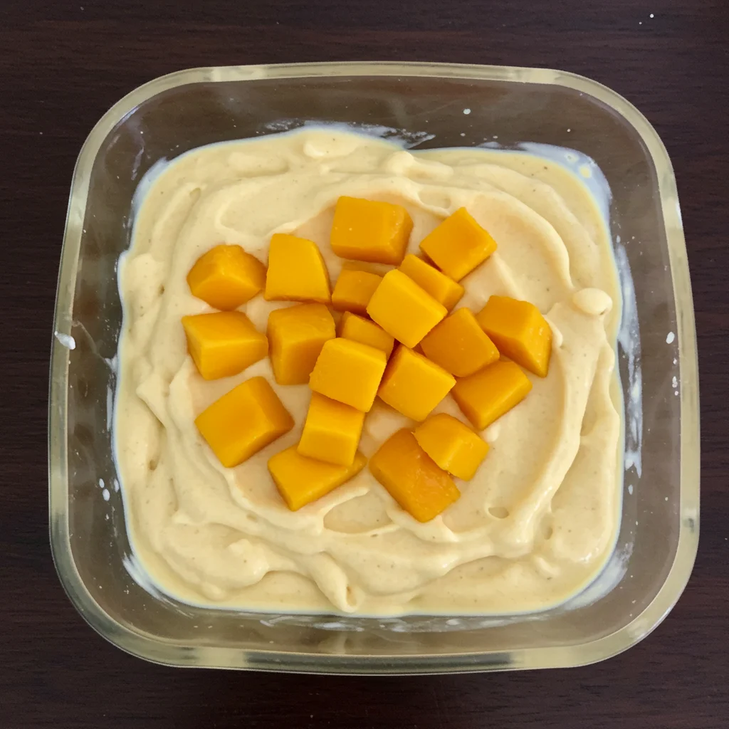 Sorvete de manga com pedaços de frutas